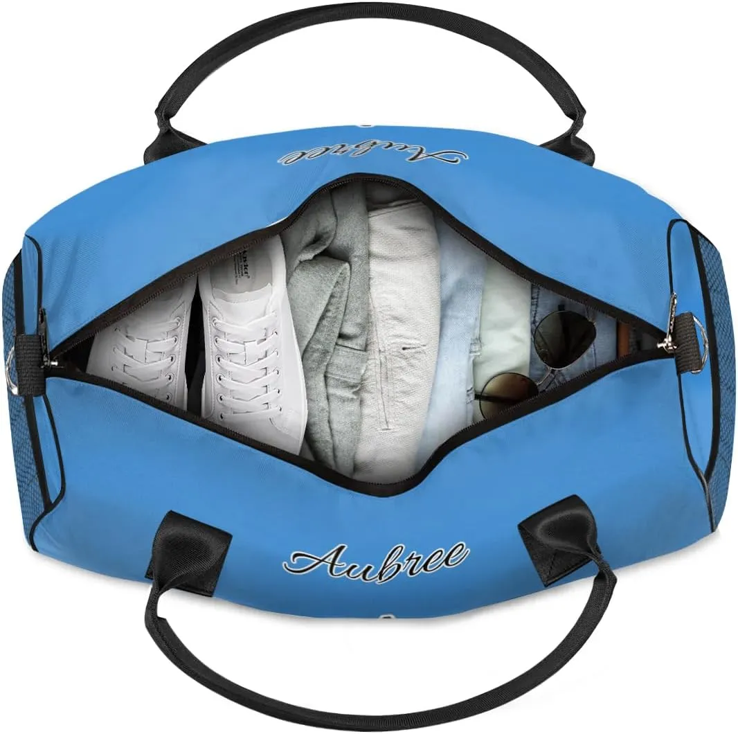 Custom Travel Duffel Bag with Initial, Personalized Letters Gym Bag for Women Men Sports Bags for Swimming Running Playing, Weekender Overnight Bags, Blue