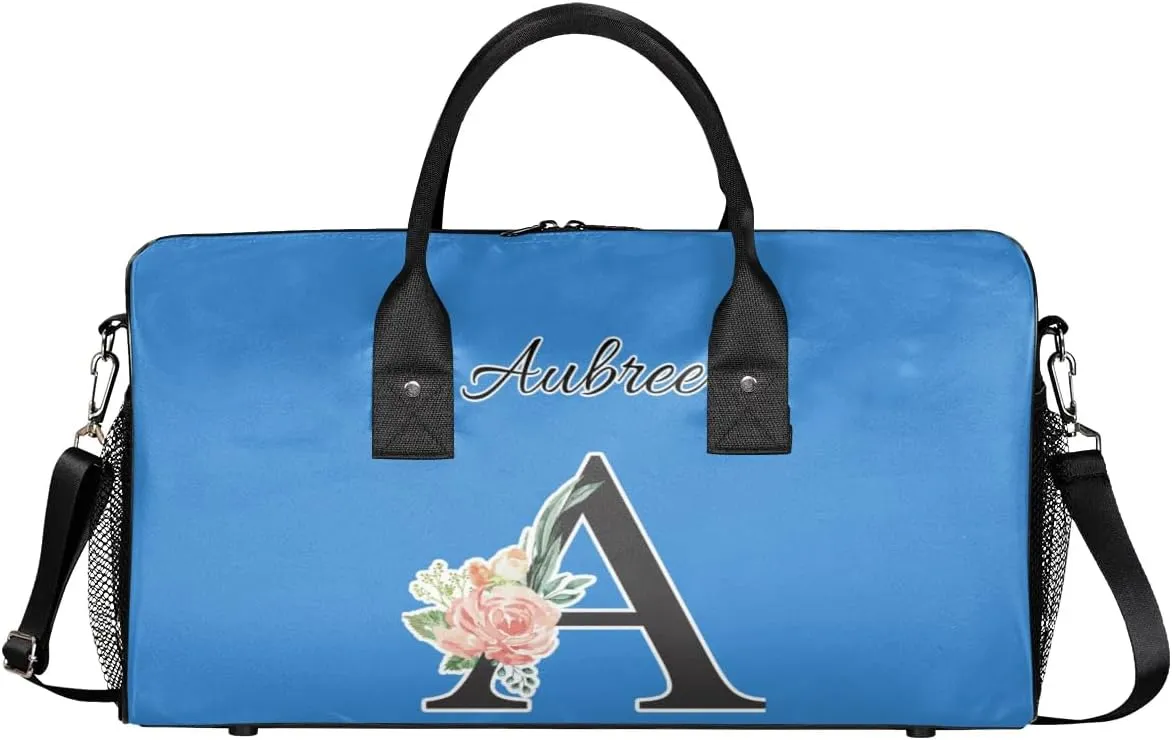 Custom Travel Duffel Bag with Initial, Personalized Letters Gym Bag for Women Men Sports Bags for Swimming Running Playing, Weekender Overnight Bags, Blue