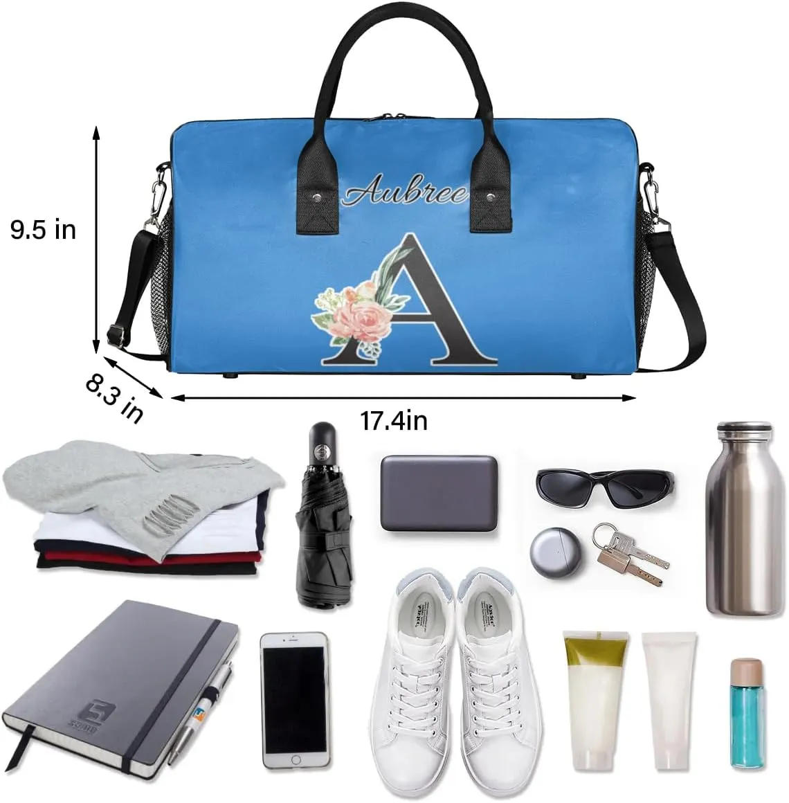 Custom Travel Duffel Bag with Initial, Personalized Letters Gym Bag for Women Men Sports Bags for Swimming Running Playing, Weekender Overnight Bags, Blue