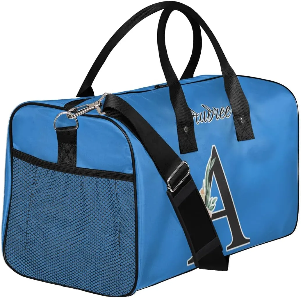 Custom Travel Duffel Bag with Initial, Personalized Letters Gym Bag for Women Men Sports Bags for Swimming Running Playing, Weekender Overnight Bags, Blue