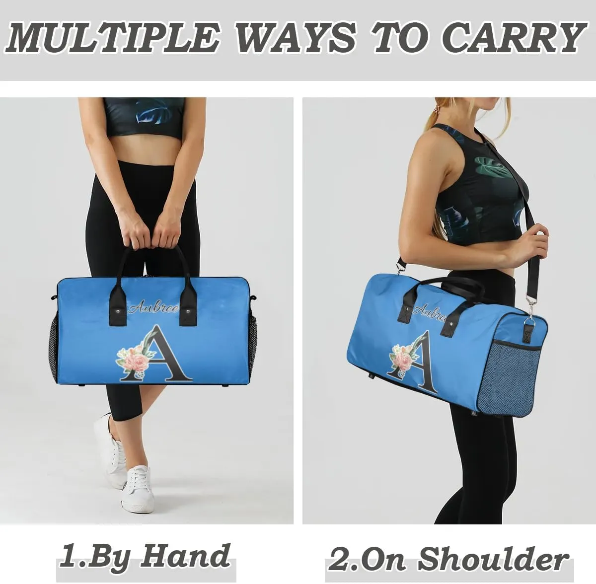 Custom Travel Duffel Bag with Initial, Personalized Letters Gym Bag for Women Men Sports Bags for Swimming Running Playing, Weekender Overnight Bags, Blue