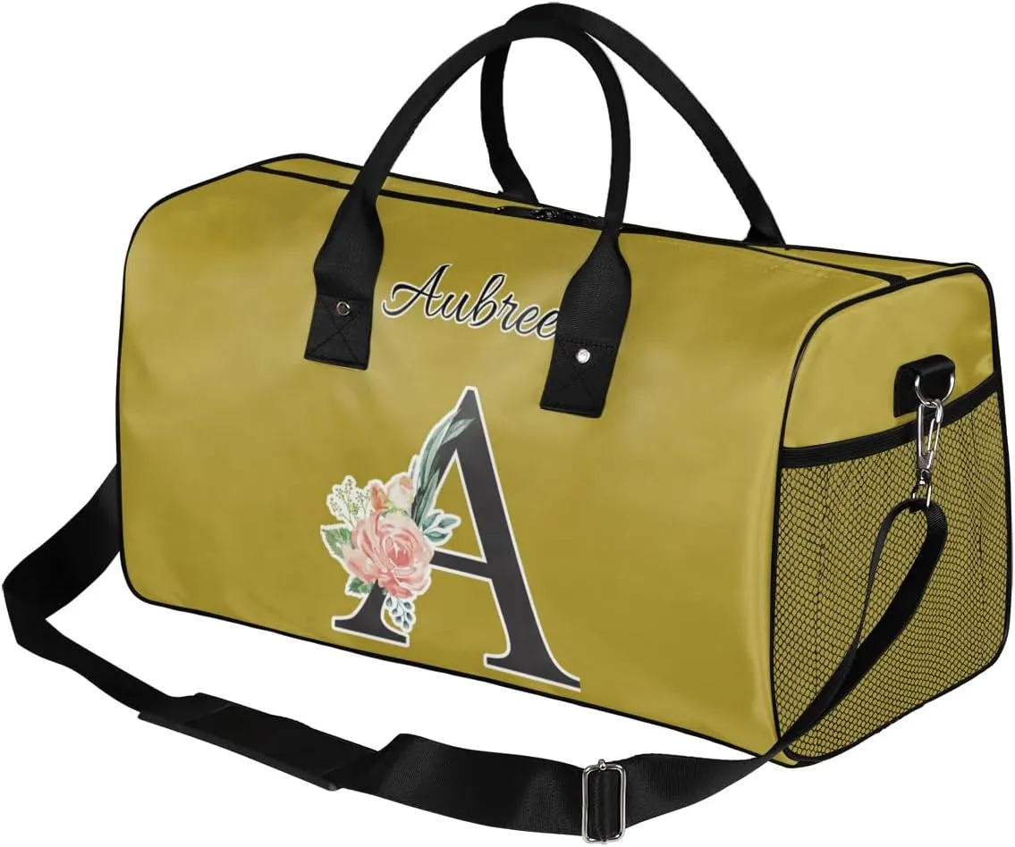 Custom Travel Duffel Bag with Initial, Personalized Letters Gym Bag for Women Men Sports Bags for Swimming Running Playing, Weekender Overnight Bags, Brown