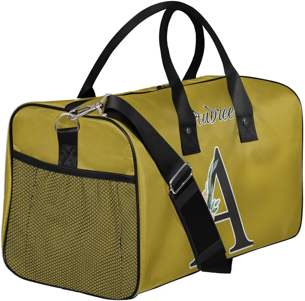 Custom Travel Duffel Bag with Initial, Personalized Letters Gym Bag for Women Men Sports Bags for Swimming Running Playing, Weekender Overnight Bags, Brown