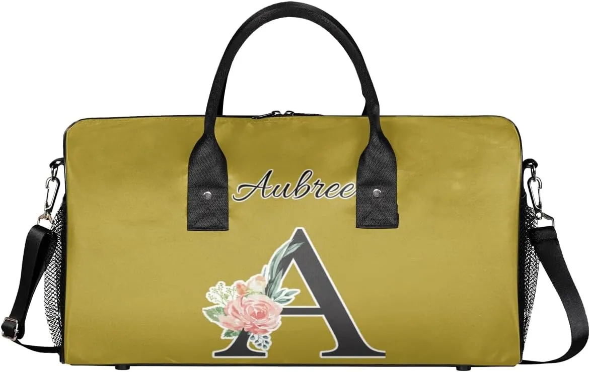 Custom Travel Duffel Bag with Initial, Personalized Letters Gym Bag for Women Men Sports Bags for Swimming Running Playing, Weekender Overnight Bags, Brown