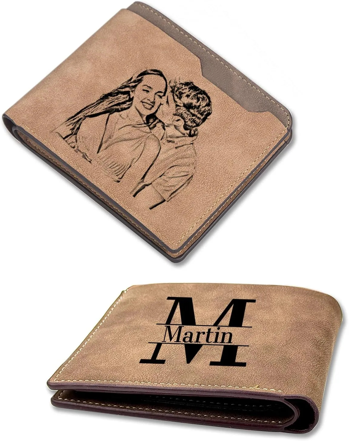 Custom Wallets for Men, Personalized Minimalist Leather Bifold Wallet Engraved with Name & Photo Initials, Customized Wallet Gifts for Fathers Boyfriend Son Husband