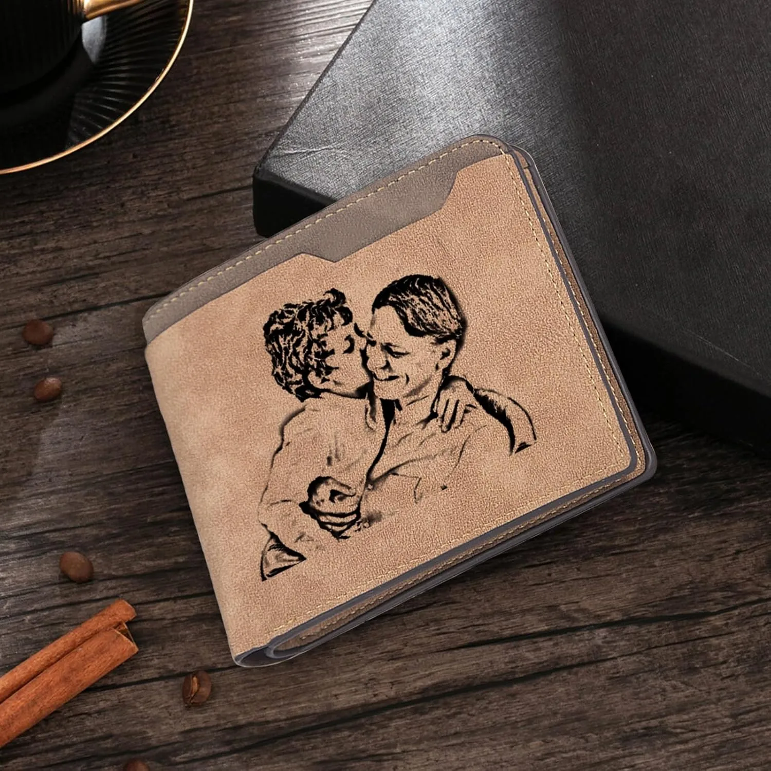 Custom Wallets for Men, Personalized Minimalist Leather Bifold Wallet Engraved with Name & Photo Initials, Customized Wallet Gifts for Fathers Boyfriend Son Husband