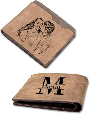 Custom Wallets for Men, Personalized Minimalist Leather Bifold Wallet Engraved with Name & Photo Initials, Customized Wallet Gifts for Fathers Boyfriend Son Husband