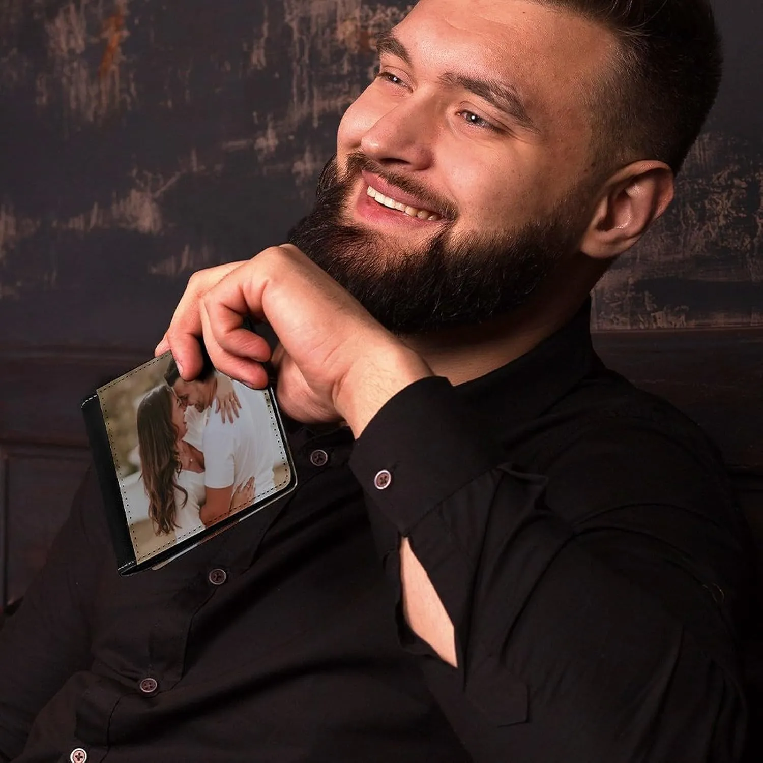 Custom Wallets for Men with Picture Photo Double Sided Print Personalized Black Leather Wallet Birthday Christmas Gift for Father Dad Husband Boyfriend (Double Sided - Same design)