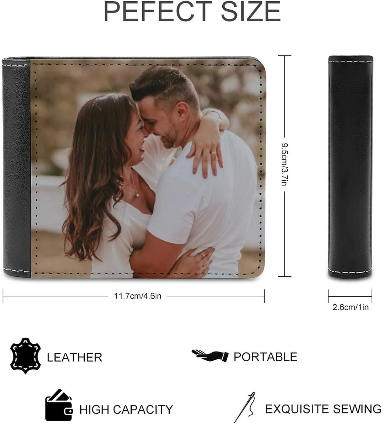 Custom Wallets for Men with Picture Photo Double Sided Print Personalized Black Leather Wallet Birthday Christmas Gift for Father Dad Husband Boyfriend (Double Sided - Same design)