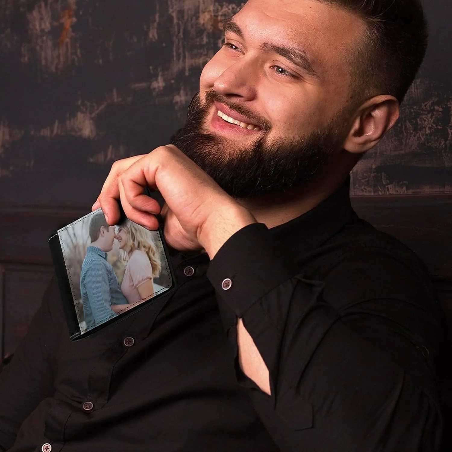 Custom Wallets for Men with Picture Photo Text Personalized Black Leather Wallet Birthday Christmas Gift for Father Dad Husband Boyfriend (Single Sided)