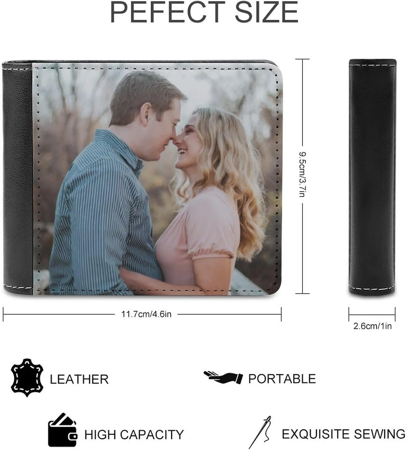 Custom Wallets for Men with Picture Photo Text Personalized Black Leather Wallet Birthday Christmas Gift for Father Dad Husband Boyfriend (Single Sided)