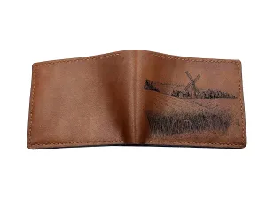 Custom Windmill farmville landscape leather men's wallet, present for countryside men, mountain engraved wallet for husband