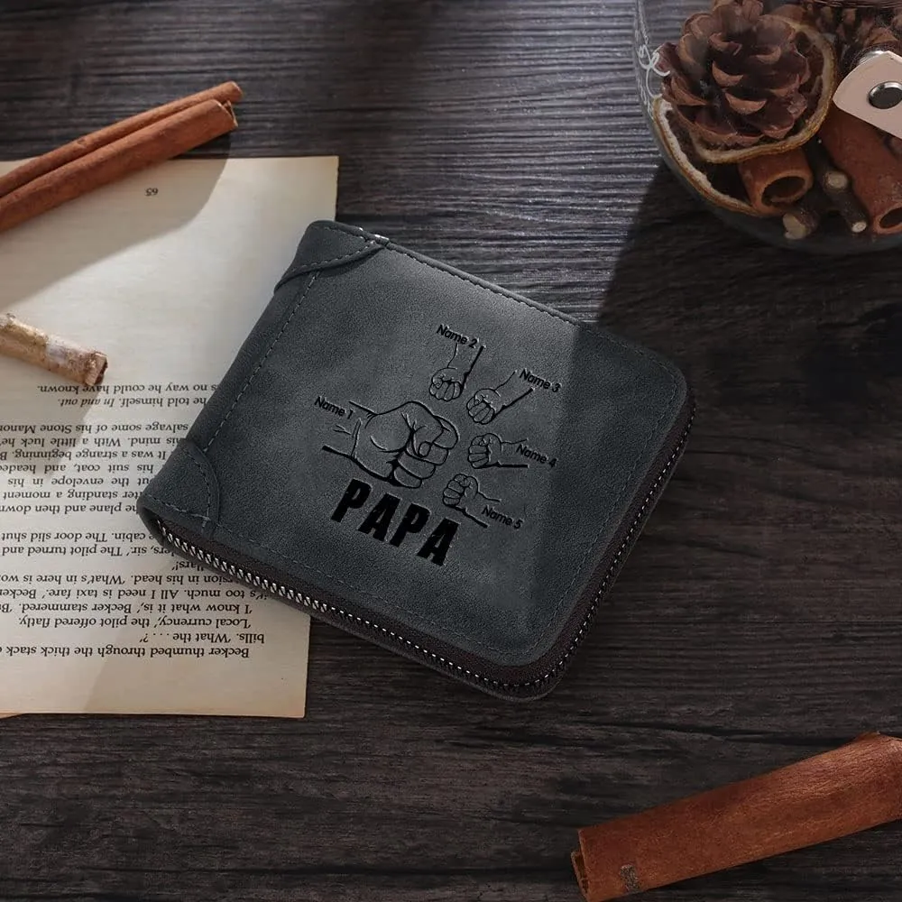 Custom Zipper Wallets for Men Personalised Engraved 2-5 Names Bifold Leather Wallet Purse for Dad Father Papa Grandpa (5 Names)