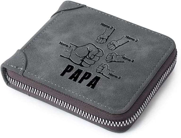 Custom Zipper Wallets for Men Personalised Engraved 2-5 Names Bifold Leather Wallet Purse for Dad Father Papa Grandpa (5 Names)