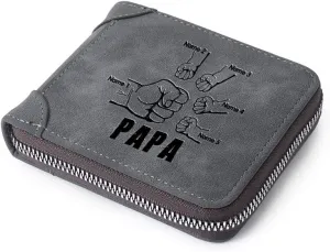 Custom Zipper Wallets for Men Personalised Engraved 2-5 Names Bifold Leather Wallet Purse for Dad Father Papa Grandpa (5 Names)