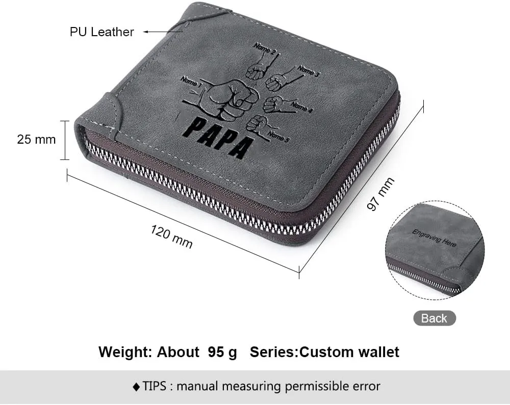 Custom Zipper Wallets for Men Personalised Engraved 2-5 Names Bifold Leather Wallet Purse for Dad Father Papa Grandpa (5 Names)