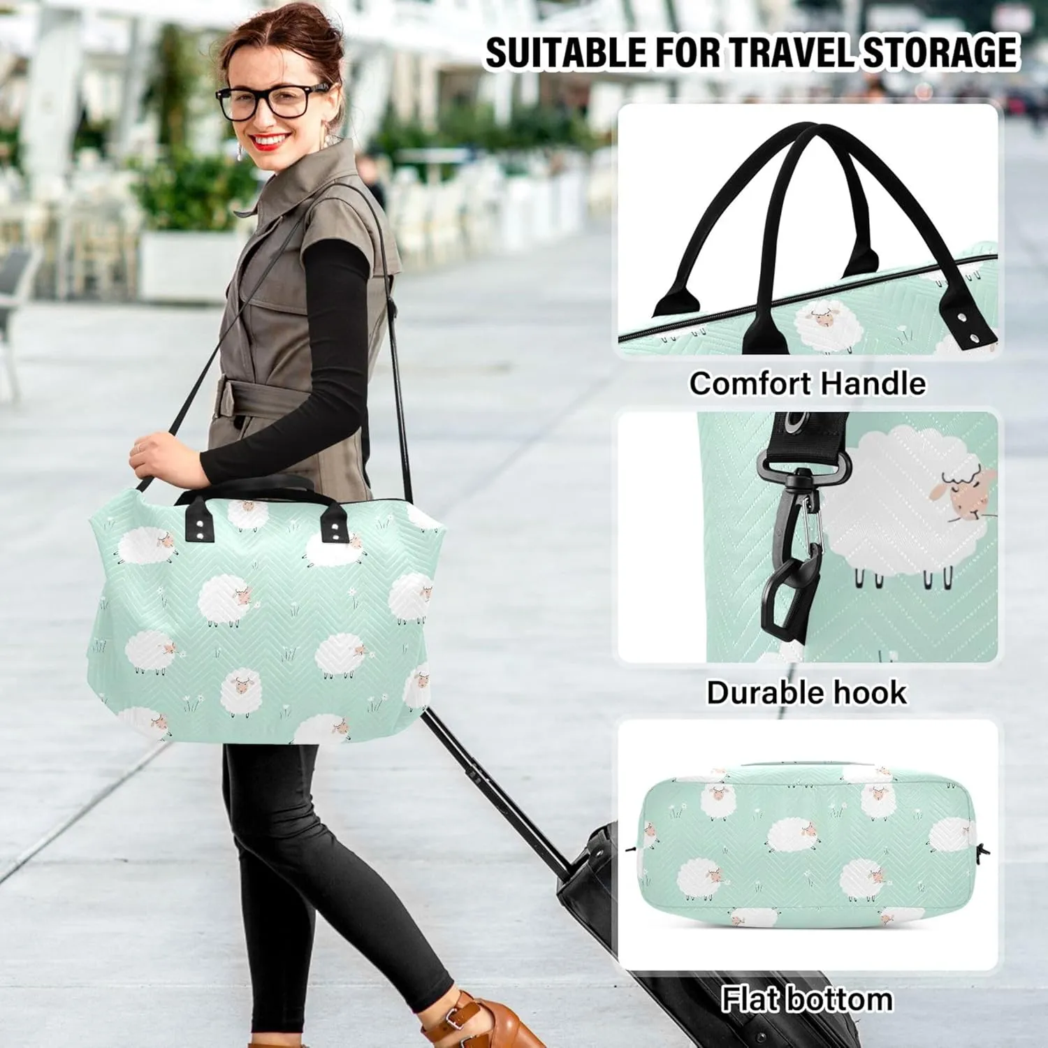 Cute Animals Sheep Lawn Green Duffle Bag for Travel Toiletry Bags Set, Print Women Sports Duffle Bag Carry on Duffle