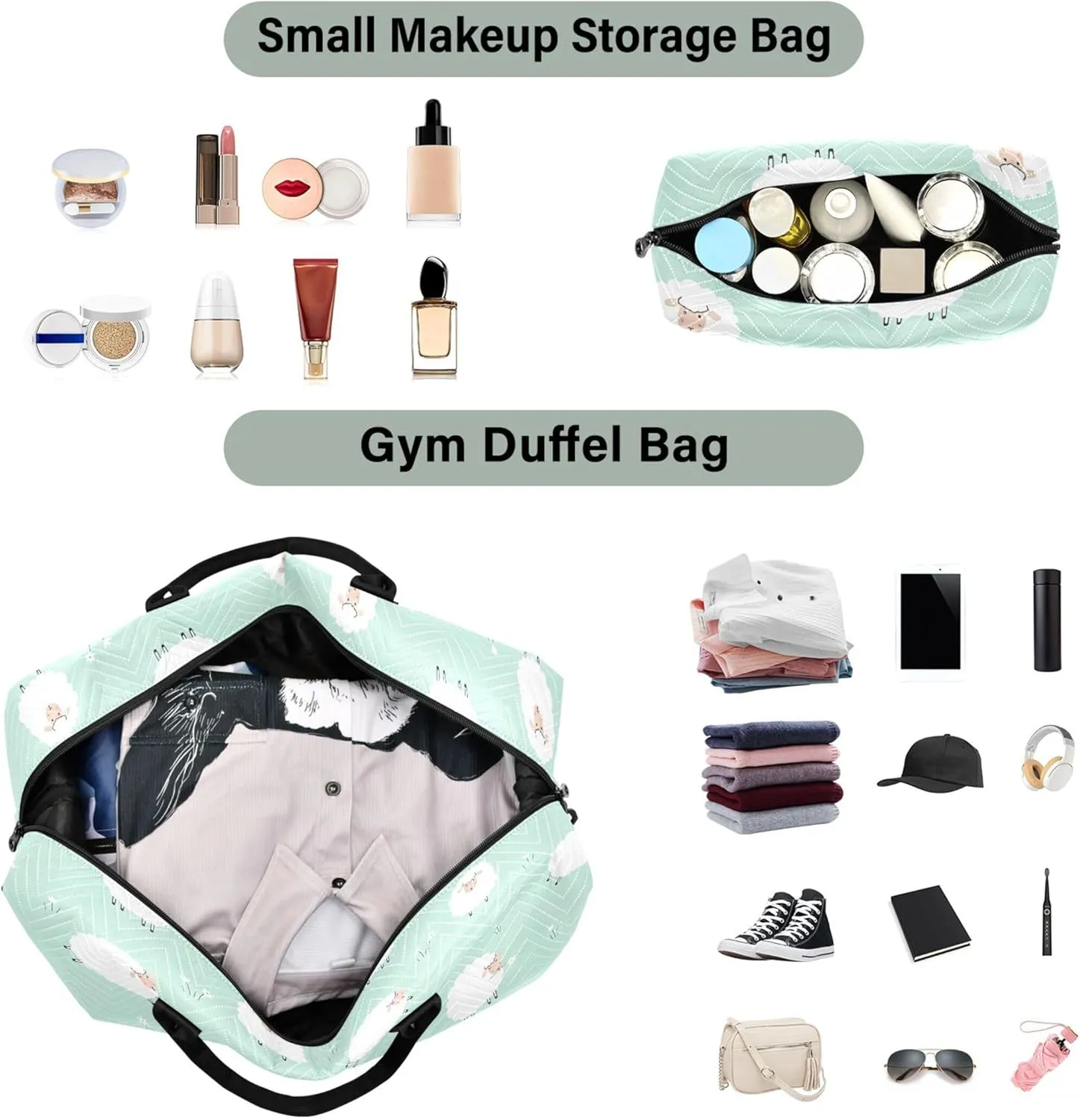 Cute Animals Sheep Lawn Green Duffle Bag for Travel Toiletry Bags Set, Print Women Sports Duffle Bag Carry on Duffle