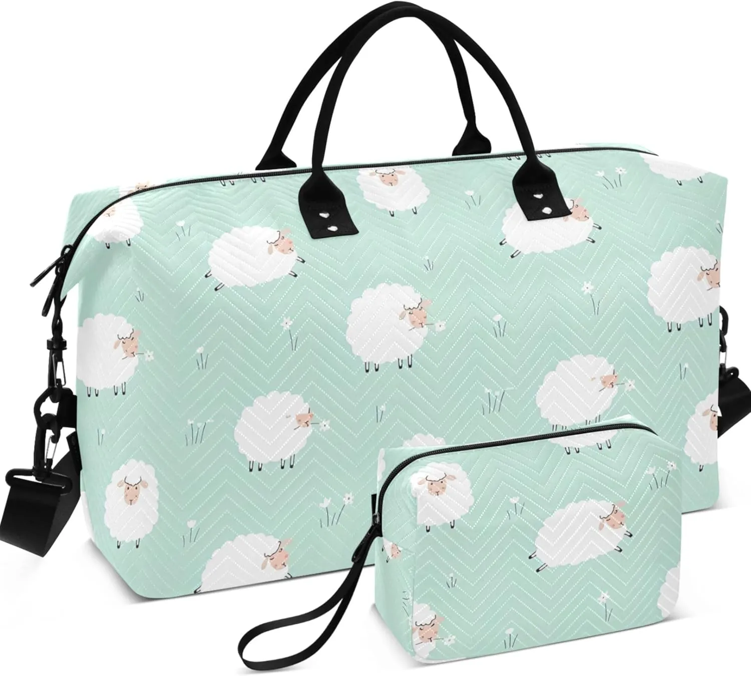Cute Animals Sheep Lawn Green Duffle Bag for Travel Toiletry Bags Set, Print Women Sports Duffle Bag Carry on Duffle