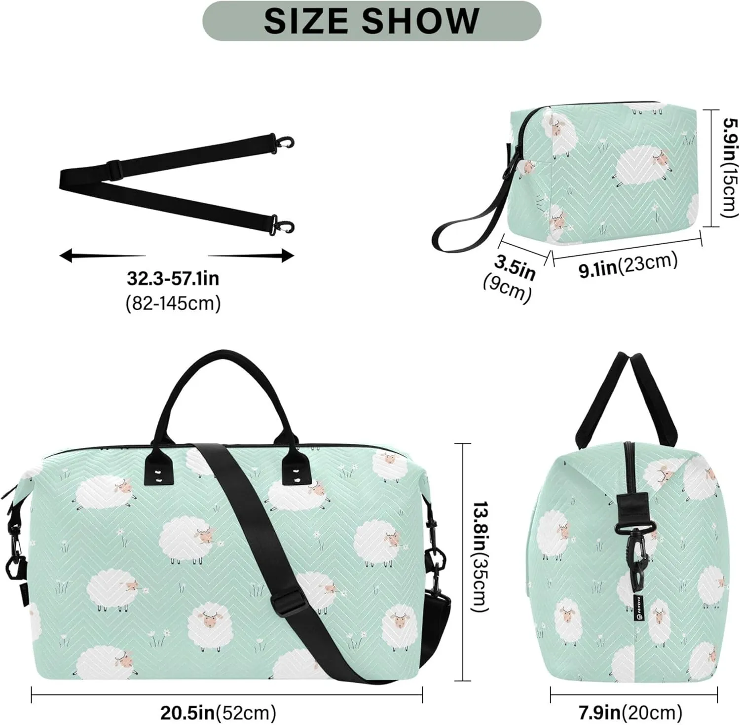 Cute Animals Sheep Lawn Green Duffle Bag for Travel Toiletry Bags Set, Print Women Sports Duffle Bag Carry on Duffle