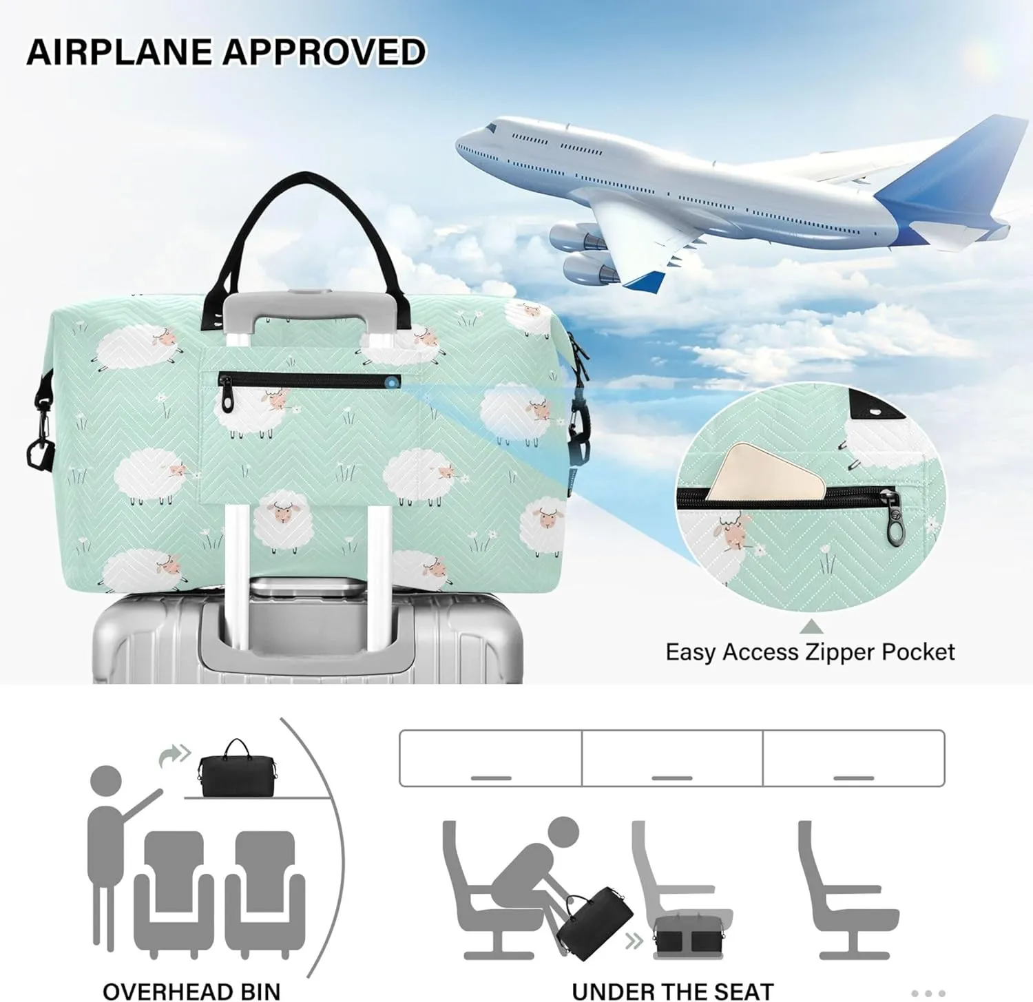 Cute Animals Sheep Lawn Green Duffle Bag for Travel Toiletry Bags Set, Print Women Sports Duffle Bag Carry on Duffle