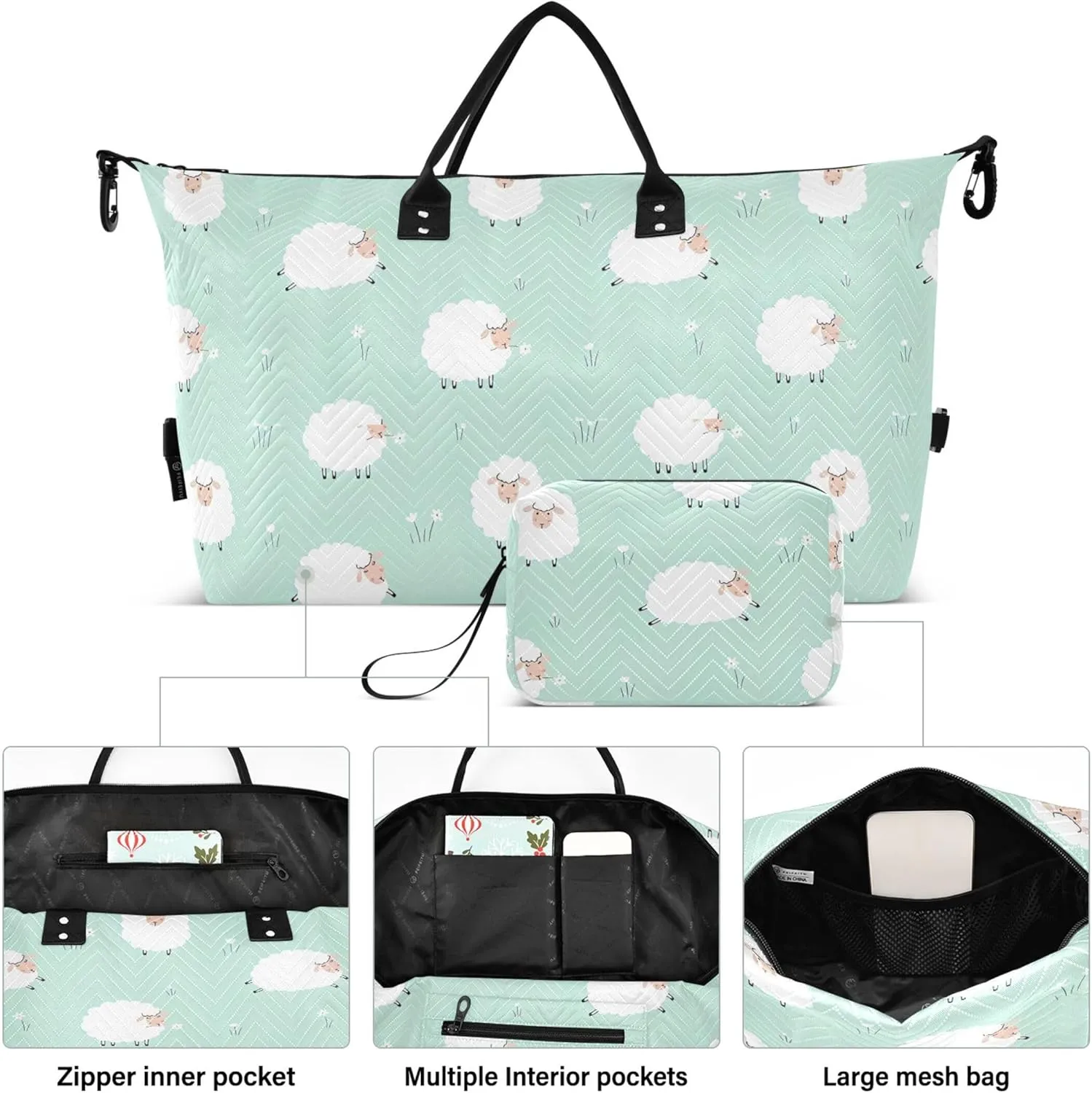 Cute Animals Sheep Lawn Green Duffle Bag for Travel Toiletry Bags Set, Print Women Sports Duffle Bag Carry on Duffle
