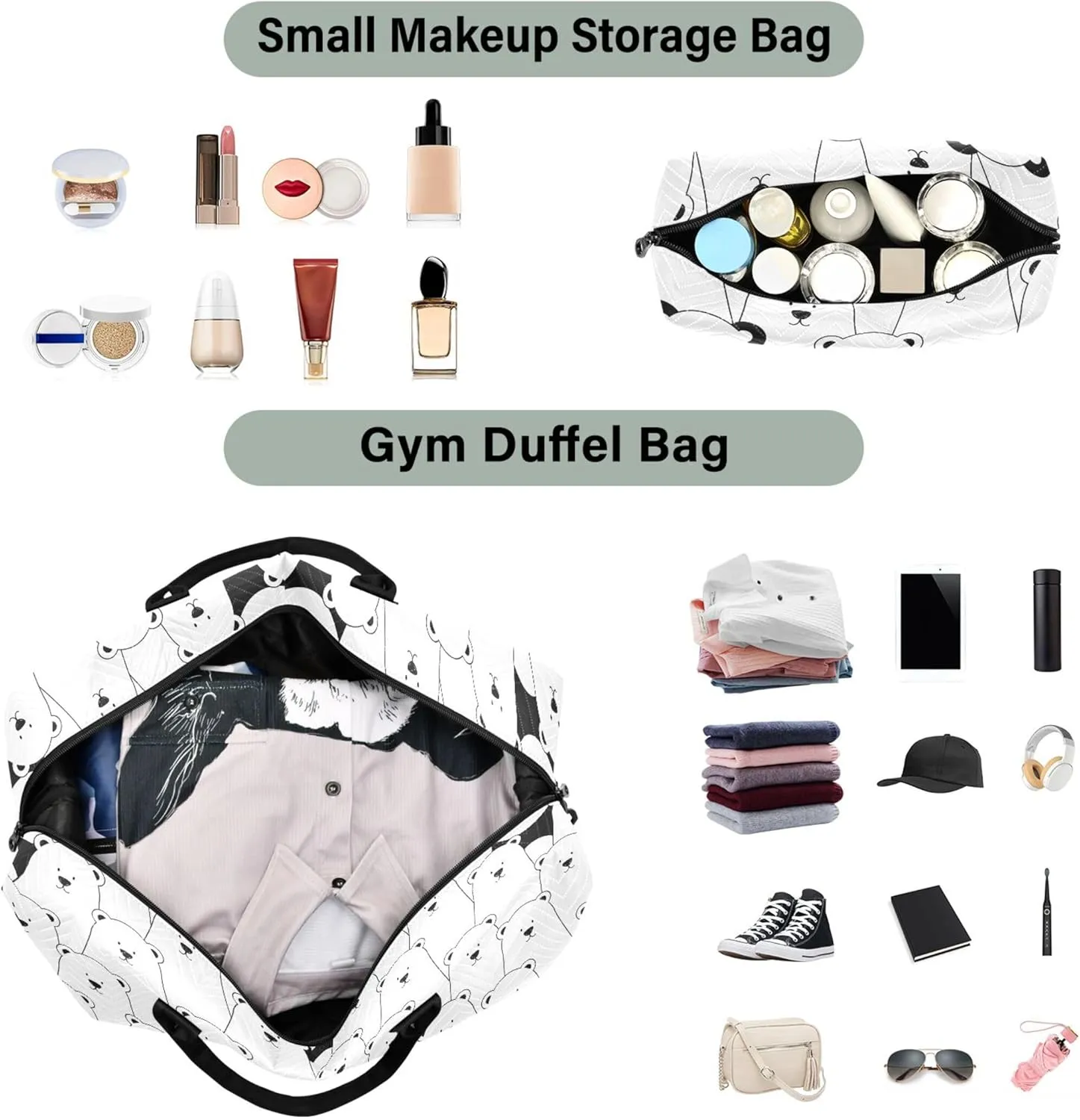 Cute Bears Travel Duffel Bag Make up Bags Set, Print Women Sports Dance Bag Carry on Bag
