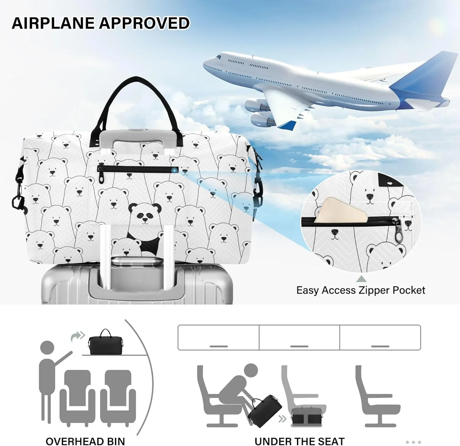 Cute Bears Travel Duffel Bag Make up Bags Set, Print Women Sports Dance Bag Carry on Bag