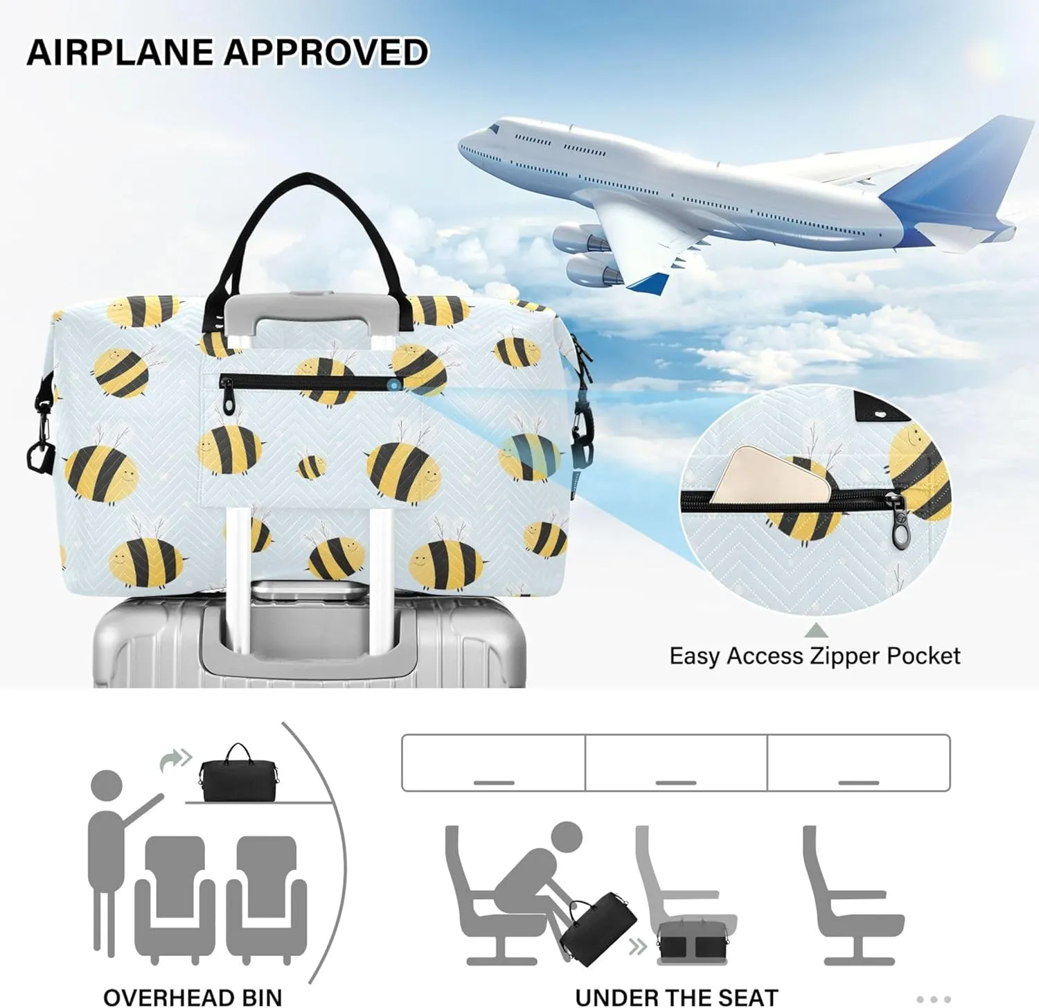 Cute Bees Delicate Shades Duffle Bag for Travel Toiletry Bag Set, Print Women Gym Bags Tote Carry on Bags