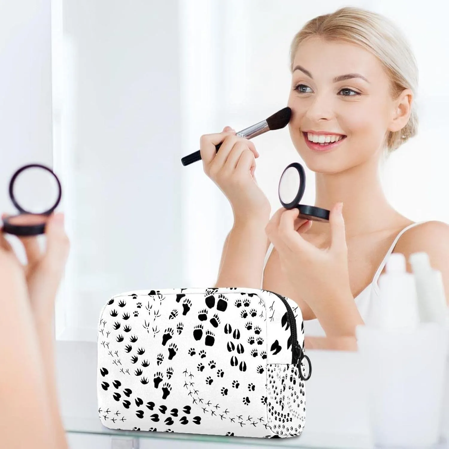 Cute Black White Animal Paws Cats Dogs Claw Cosmetic Makeup Bags, Small Travel Zipper Pouch Portable Toiletry Bag Makeup Organizer for Women Teen Girls