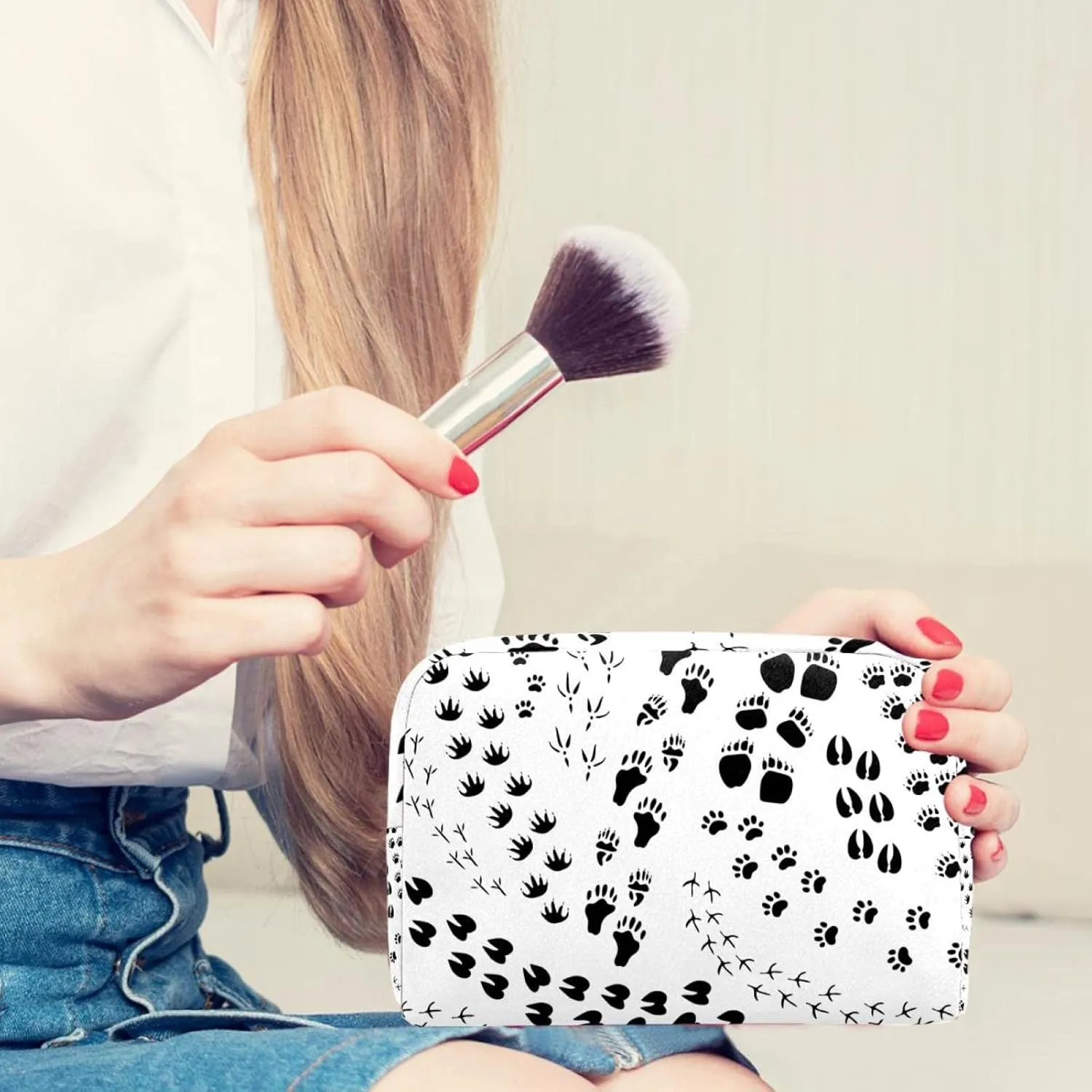 Cute Black White Animal Paws Cats Dogs Claw Cosmetic Makeup Bags, Small Travel Zipper Pouch Portable Toiletry Bag Makeup Organizer for Women Teen Girls