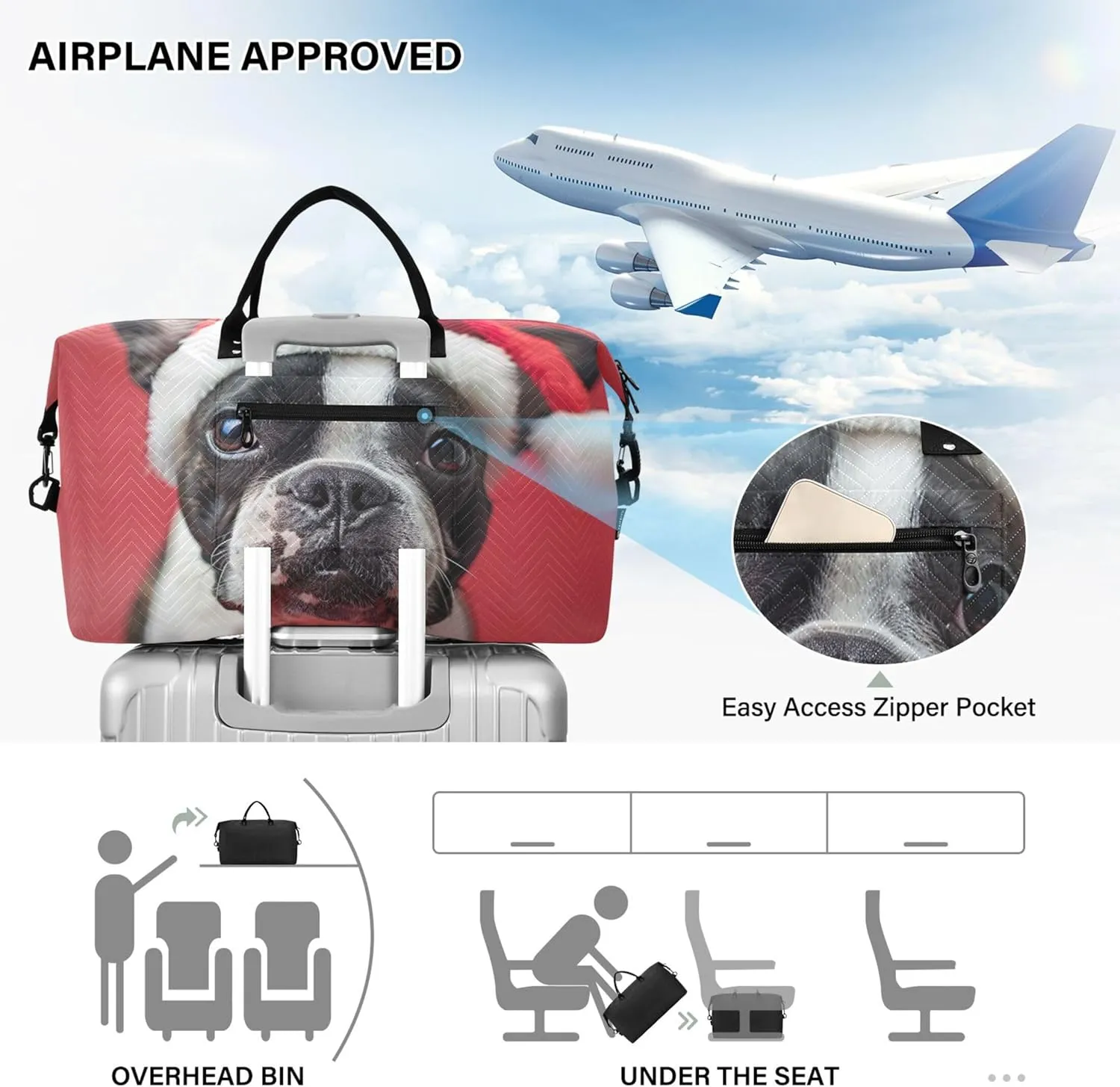 Cute Boston Terrier Dog Santa Duffle Travel Bags Cosmetic Bags Set of 2, Fun Womens Gym Bag Small Carry on Bags