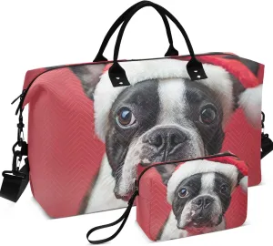 Cute Boston Terrier Dog Santa Duffle Travel Bags Cosmetic Bags Set of 2, Fun Womens Gym Bag Small Carry on Bags