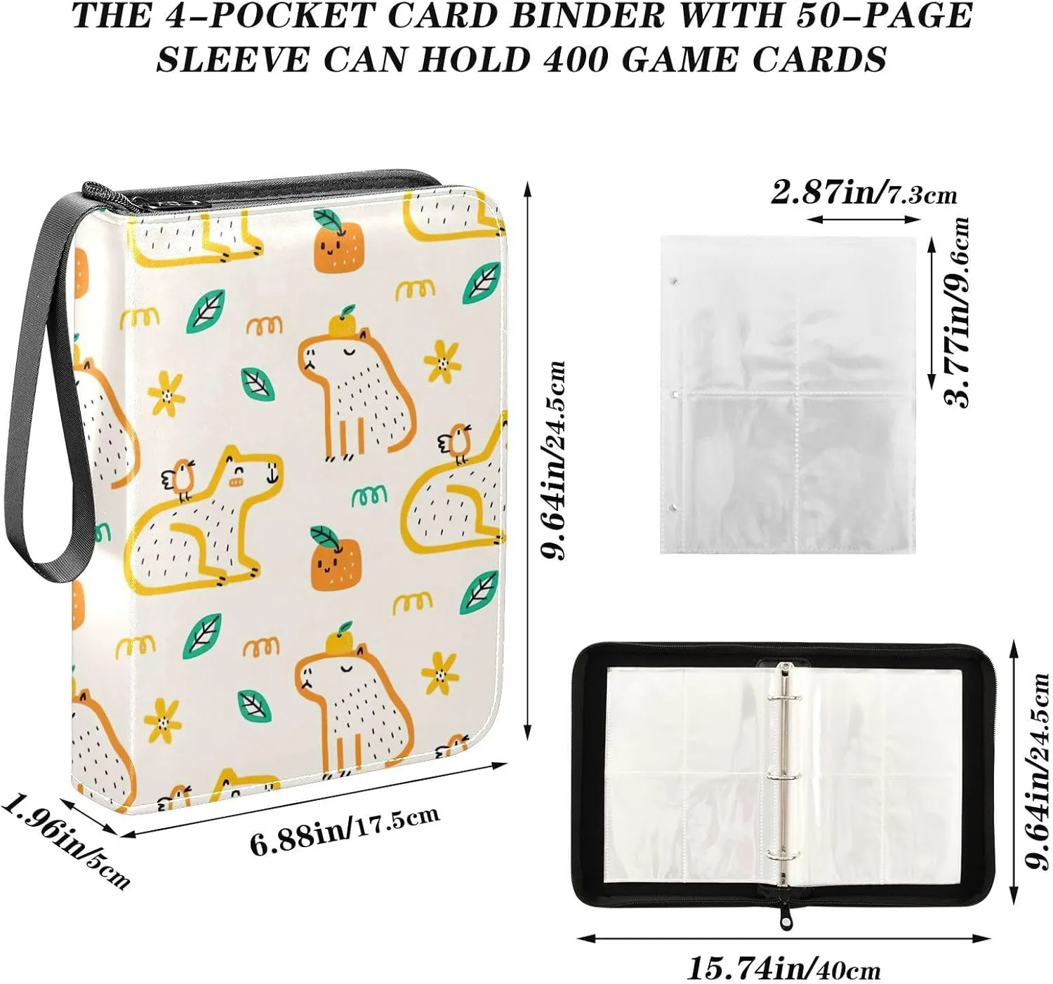 Cute Capybara Card Collection Binder, Side Loading Card Binder Fits 400 Cards for Sports Cards, Game Cards