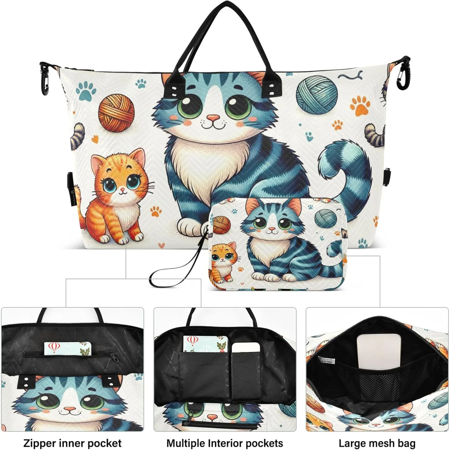 Cute Cartoon Cat Duffle Bag for Travel Cosmetic Bag Set of 2, Print Women Gym Tote Duffle Carry on Bag
