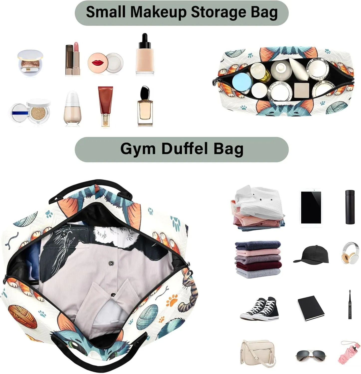 Cute Cartoon Cat Duffle Bag for Travel Cosmetic Bag Set of 2, Print Women Gym Tote Duffle Carry on Bag
