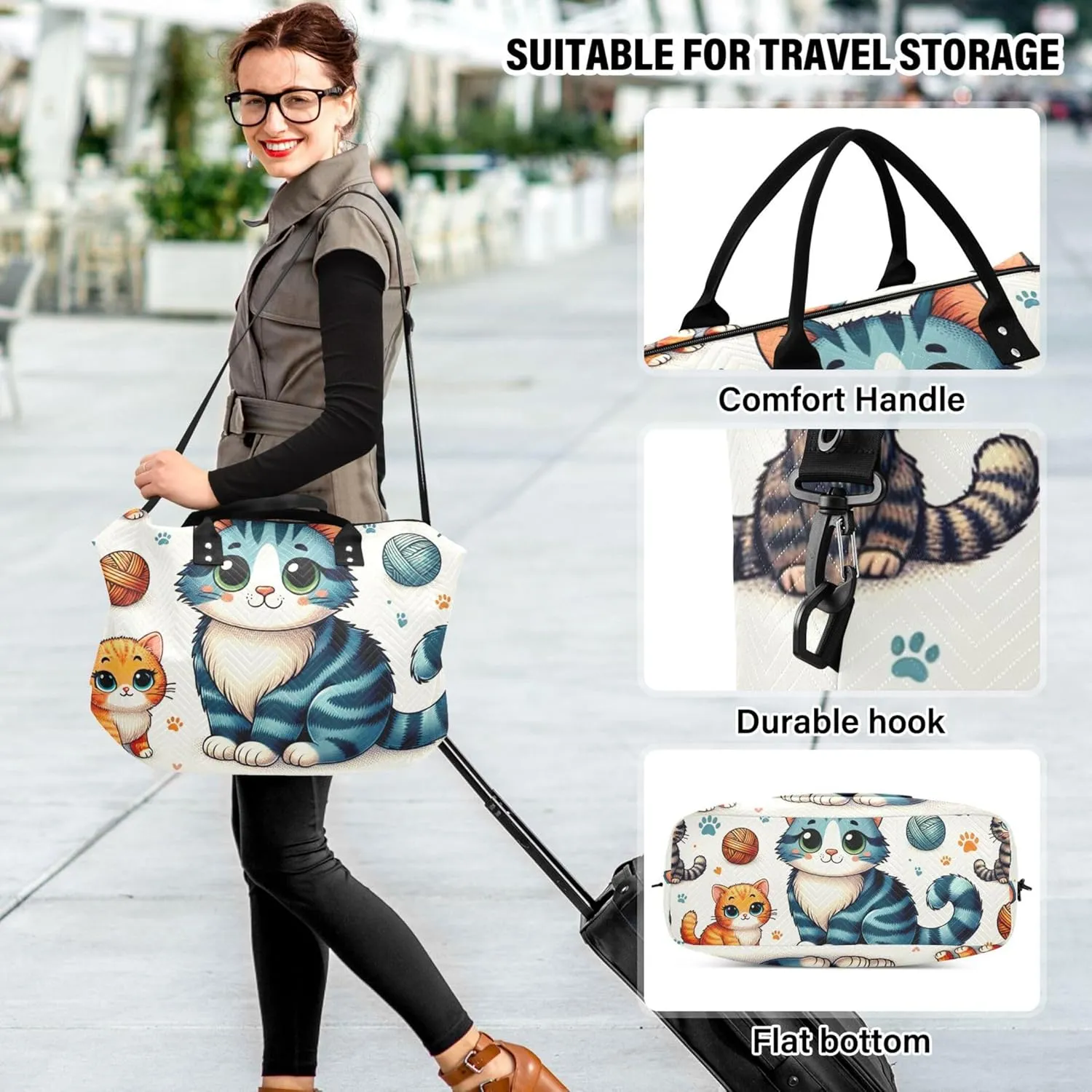 Cute Cartoon Cat Duffle Bag for Travel Cosmetic Bag Set of 2, Print Women Gym Tote Duffle Carry on Bag