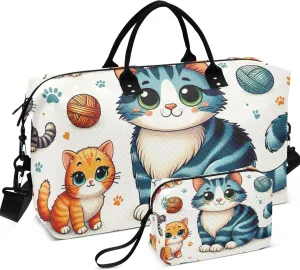 Cute Cartoon Cat Duffle Bag for Travel Cosmetic Bag Set of 2, Print Women Gym Tote Duffle Carry on Bag