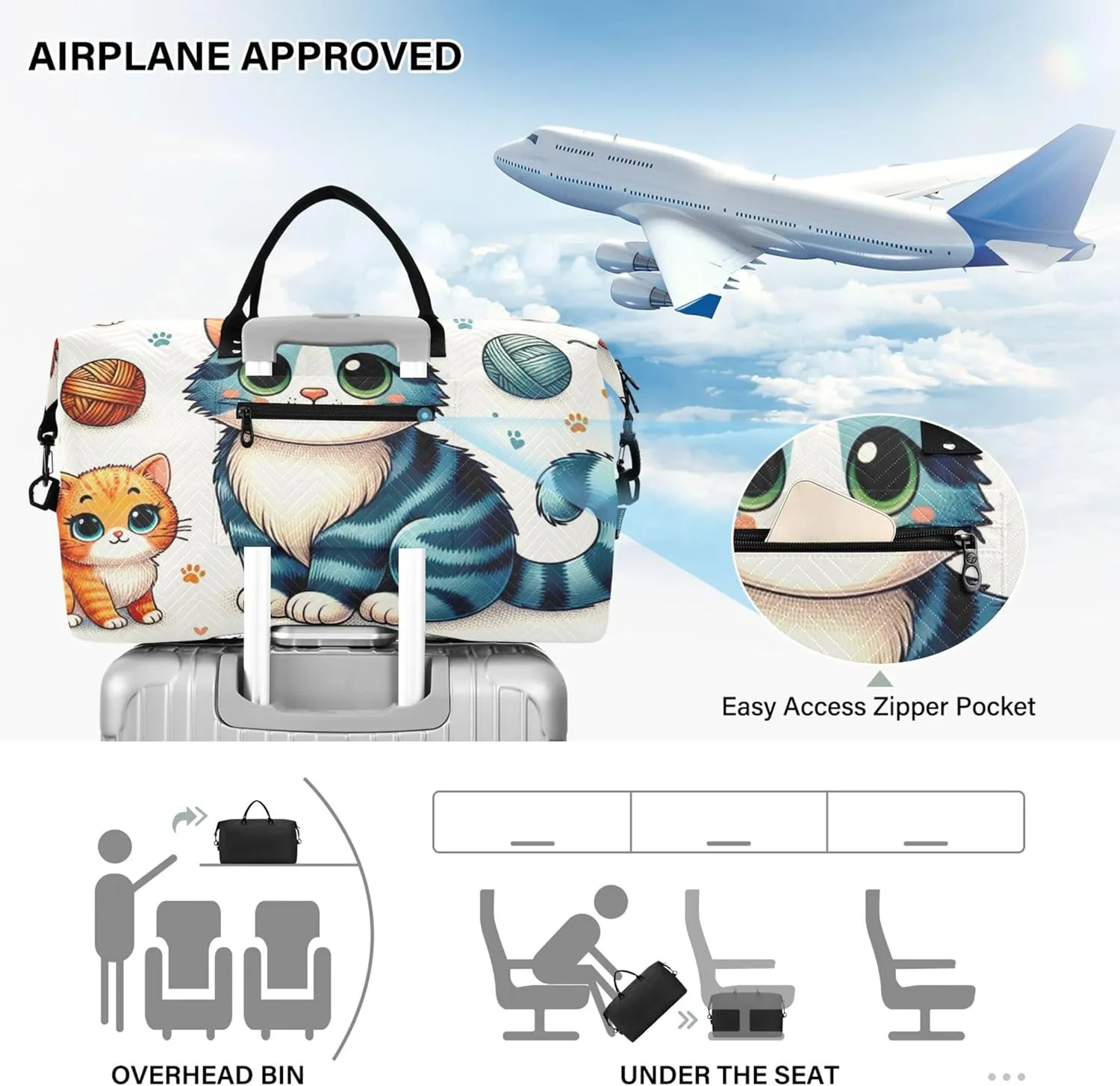 Cute Cartoon Cat Duffle Bag for Travel Cosmetic Bag Set of 2, Print Women Gym Tote Duffle Carry on Bag