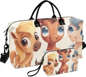 Cute Cartoon Horses Duffle Bag Travel Makeup Pouch Set of 2, Print Women Small Duffel Bag Carry on Duffel Bag