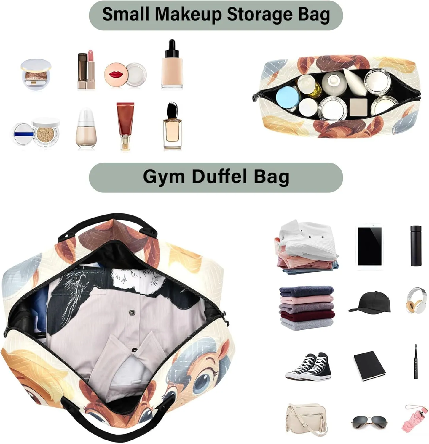 Cute Cartoon Horses Duffle Bag Travel Makeup Pouch Set of 2, Print Women Small Duffel Bag Carry on Duffel Bag