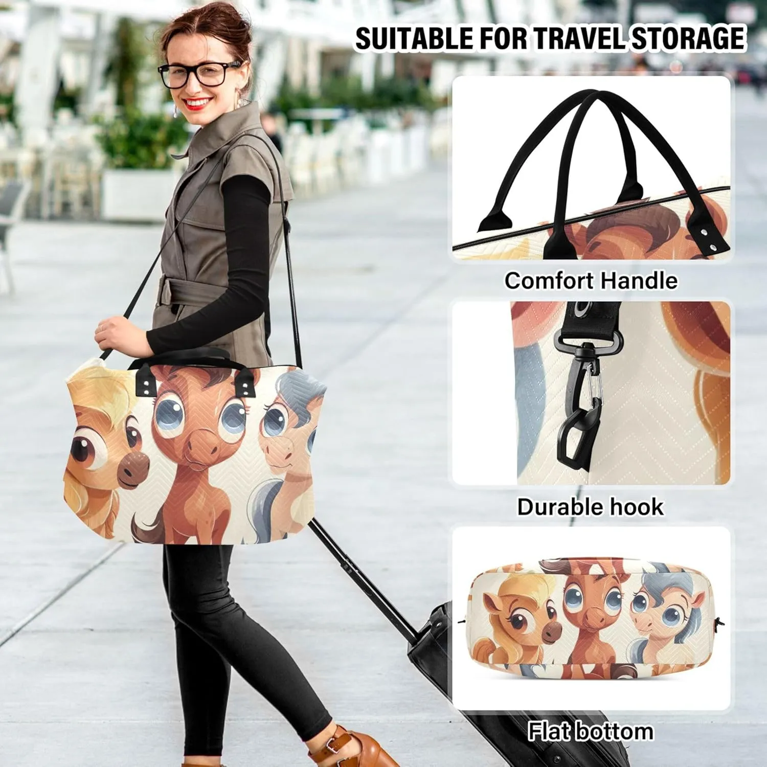 Cute Cartoon Horses Duffle Bag Travel Makeup Pouch Set of 2, Print Women Small Duffel Bag Carry on Duffel Bag