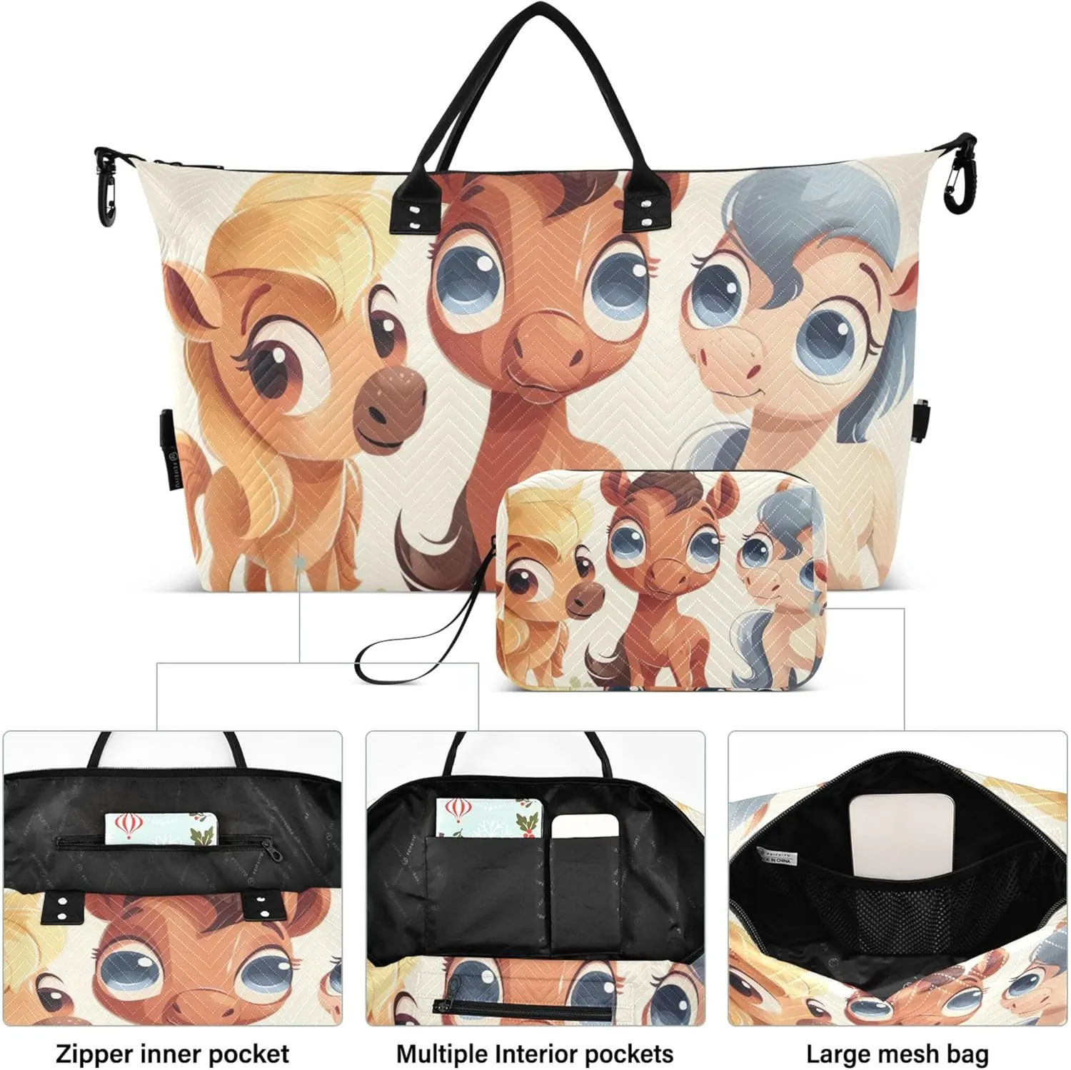 Cute Cartoon Horses Duffle Bag Travel Makeup Pouch Set of 2, Print Women Small Duffel Bag Carry on Duffel Bag