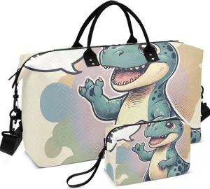 Cute Dino Saying “hello” Travel Bag Duffel Cosmetic Pouch Set of 2, Animal Women Sports Bag Duffel for Traveling