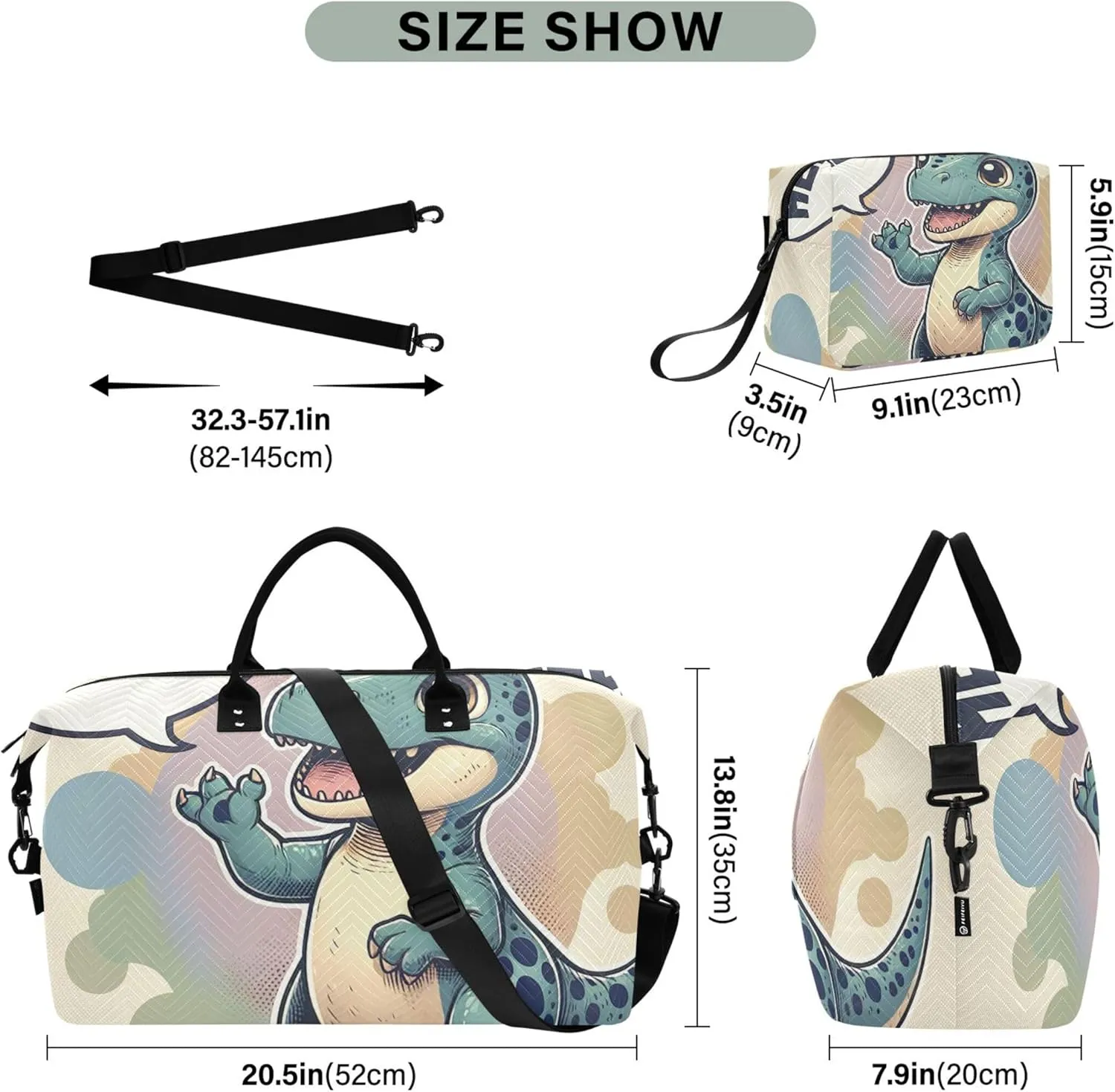 Cute Dino Saying “hello” Travel Bag Duffel Cosmetic Pouch Set of 2, Animal Women Sports Bag Duffel for Traveling