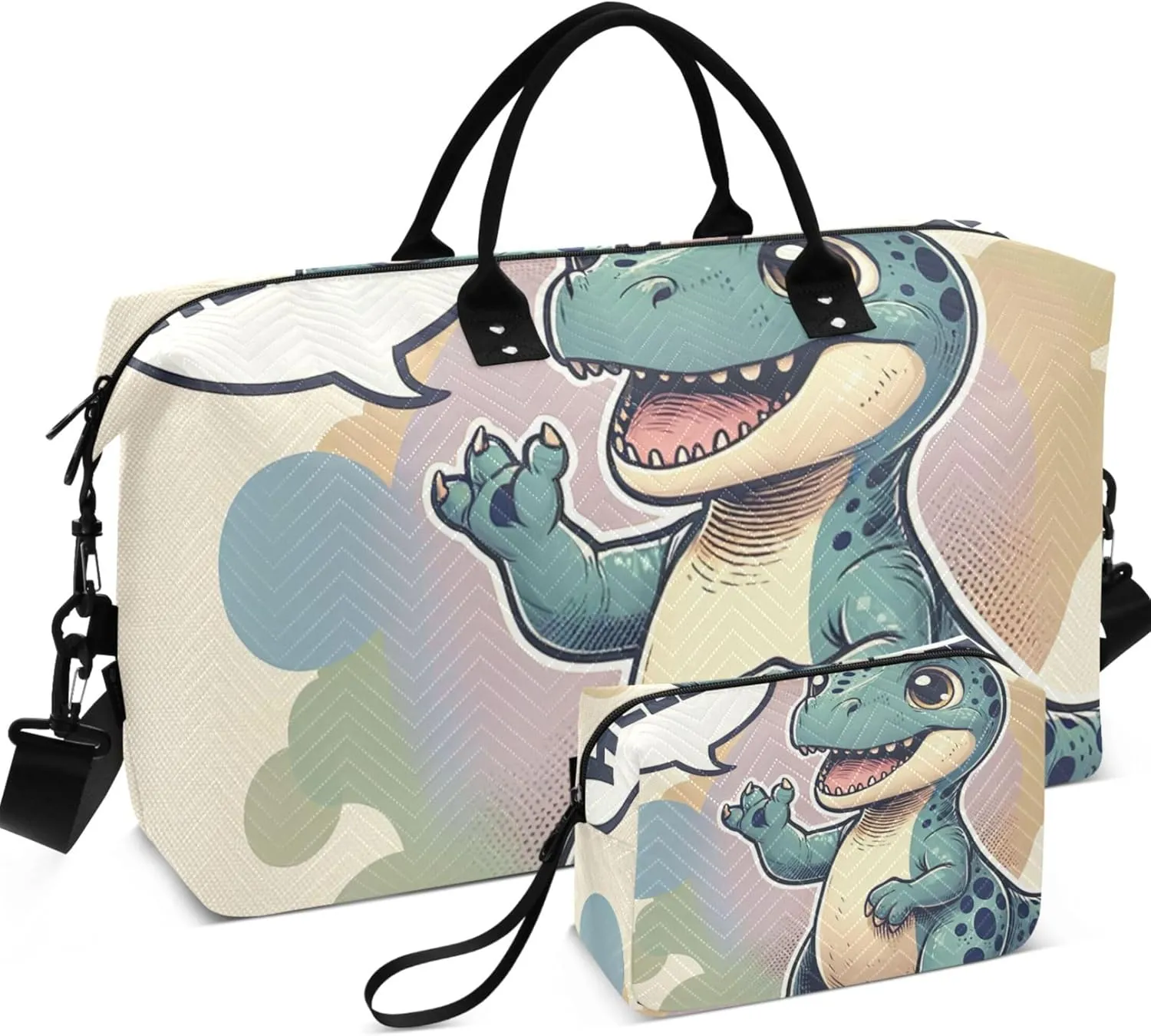 Cute Dino Saying “hello” Travel Bag Duffel Cosmetic Pouch Set of 2, Animal Women Sports Bag Duffel for Traveling