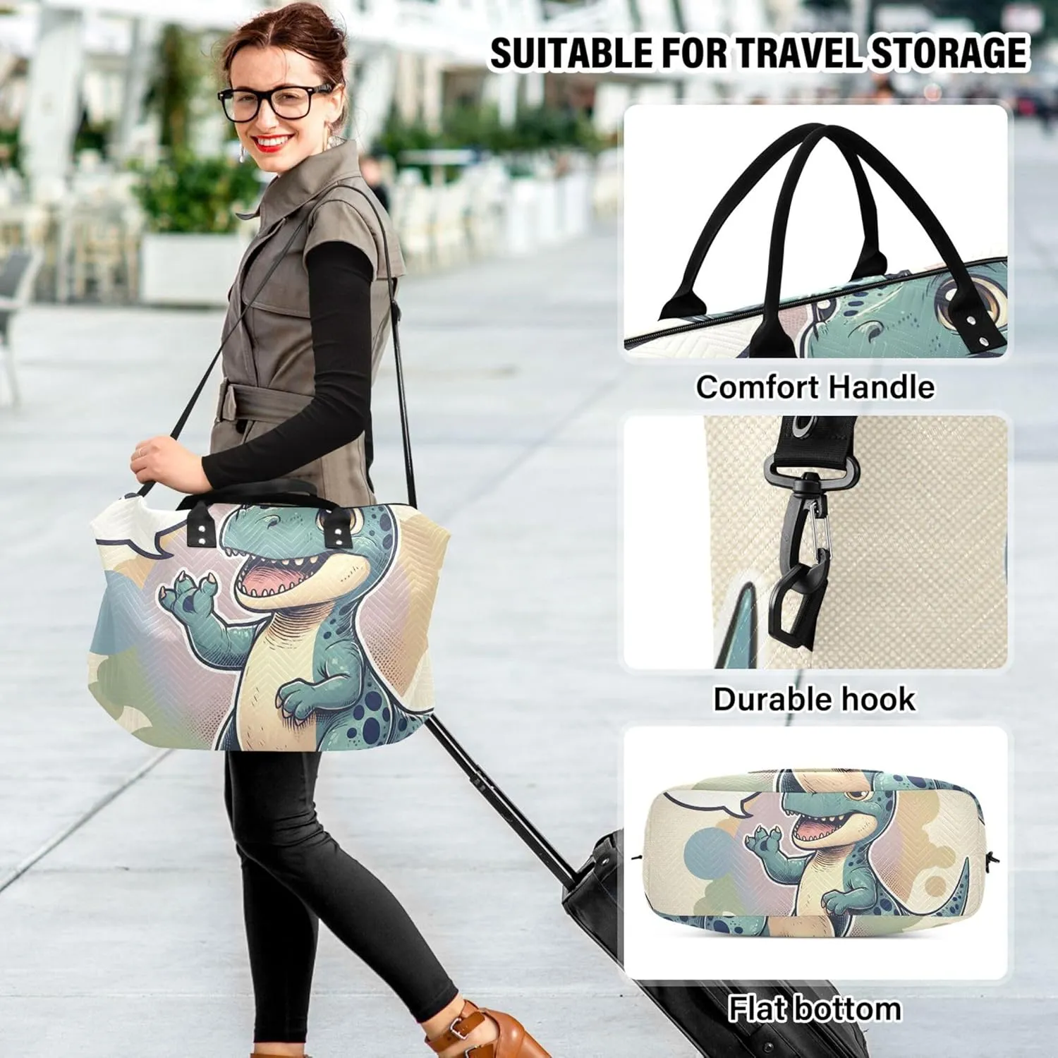 Cute Dino Saying “hello” Travel Bag Duffel Cosmetic Pouch Set of 2, Animal Women Sports Bag Duffel for Traveling