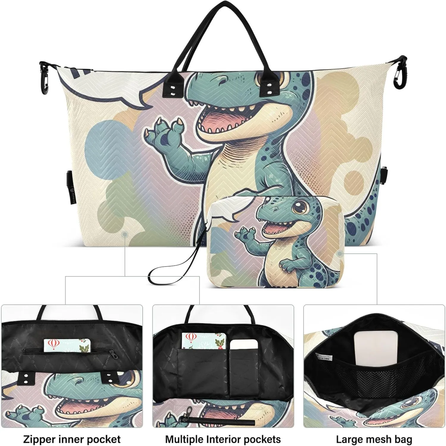 Cute Dino Saying “hello” Travel Bag Duffel Cosmetic Pouch Set of 2, Animal Women Sports Bag Duffel for Traveling