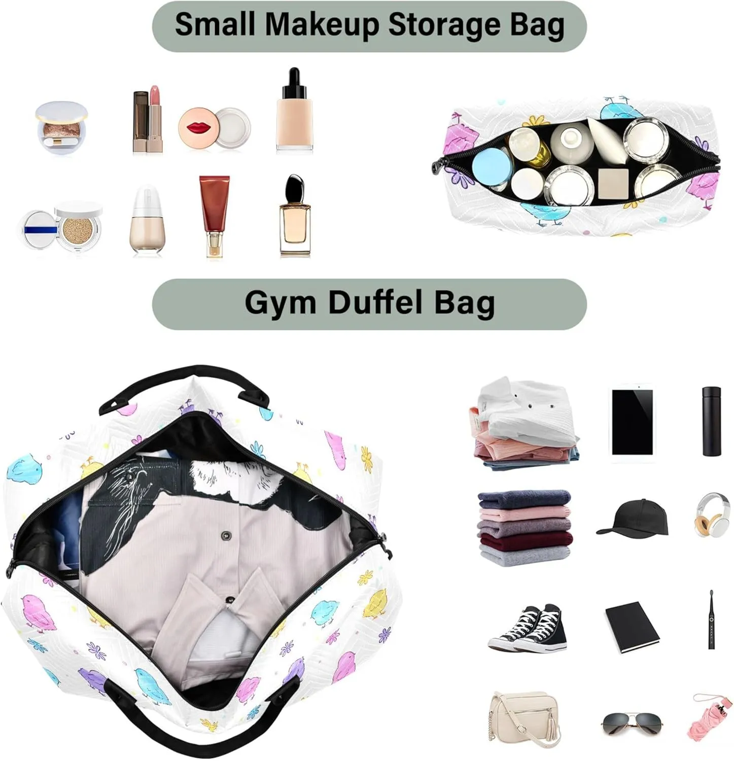 Cute Easter Chickens Colorful Duffel Bag Womens Makeup Pouch Set, Fun Women Luggage Set Duffel for Traveling