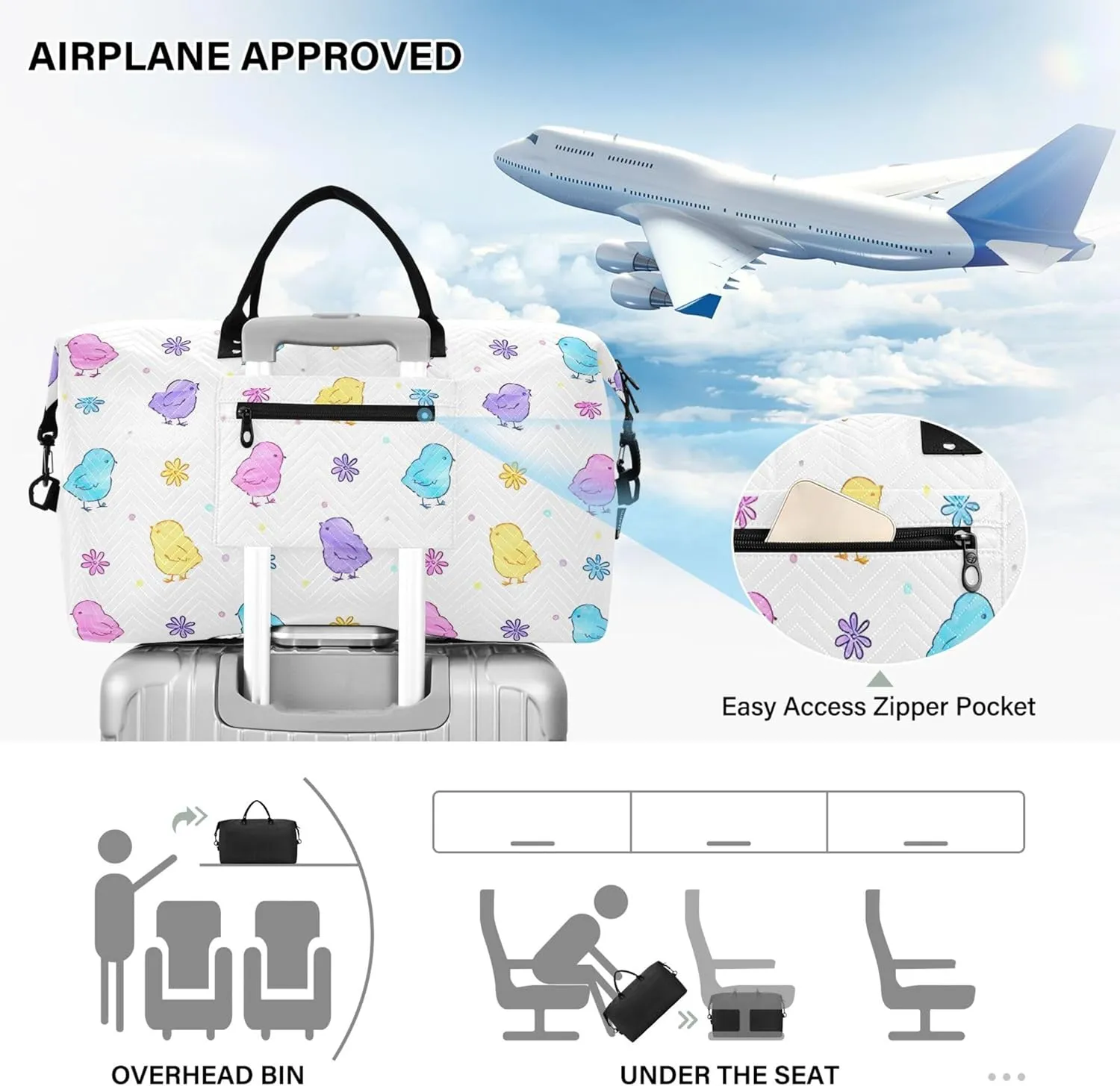 Cute Easter Chickens Colorful Duffel Bag Womens Makeup Pouch Set, Fun Women Luggage Set Duffel for Traveling